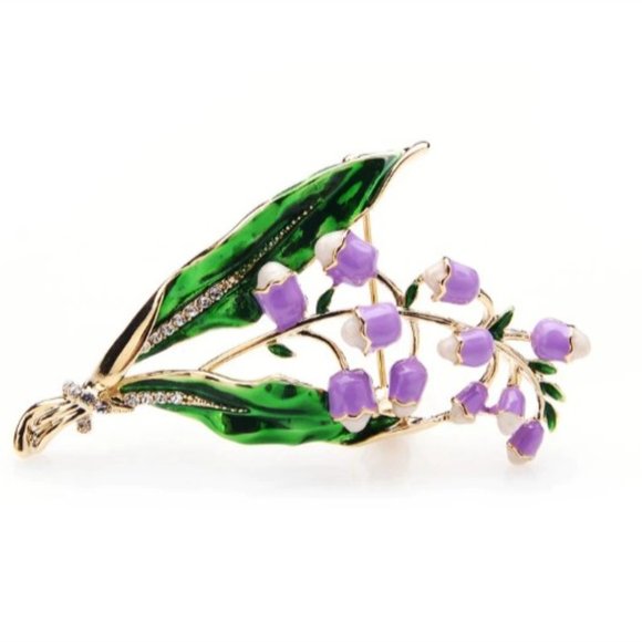 Lily of the Valley Brooch Lavender Enamel Crystals Flowers Floral New - Picture 1 of 2